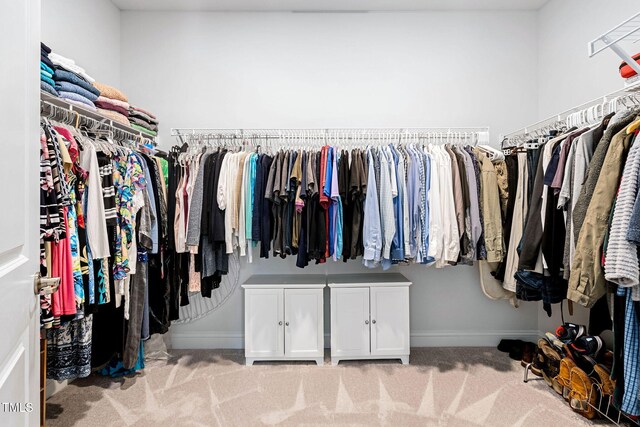 spacious closet featuring light carpet