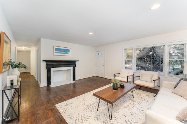 living room with dark hardwood / wood-style floors