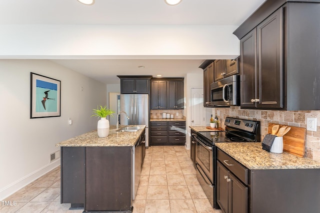 kitchen with sink, stainless steel appliances, light stone counters, backsplash, and a center island with sink