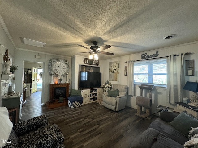 living room with dark hardwood / wood-style floors, ceiling fan, ornamental molding, and a textured ceiling