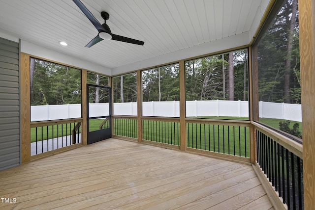 2625 Silver Gate Ct, Wake Forest, NC 27587 - unfurnished sunroom featuring ceiling fan and view of scattered trees