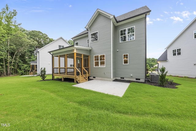 2625 Silver Gate Ct, Wake Forest, NC 27587 - rear view of property featuring a patio, a sunroom, crawl space, and a lawn