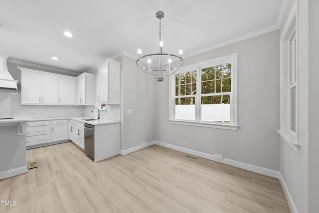 2625 Silver Gate Ct, Wake Forest, NC 27587 - kitchen featuring dishwasher, a chandelier, premium range hood, tasteful backsplash, and ornamental molding