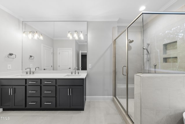 2625 Silver Gate Ct, Wake Forest, NC 27587 - full bath with a shower stall, double vanity, crown molding, and tile patterned floors