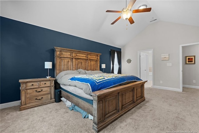 bedroom with ceiling fan, light colored carpet, and lofted ceiling