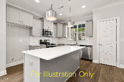 kitchen featuring stainless steel appliances, decorative light fixtures, a center island, and backsplash