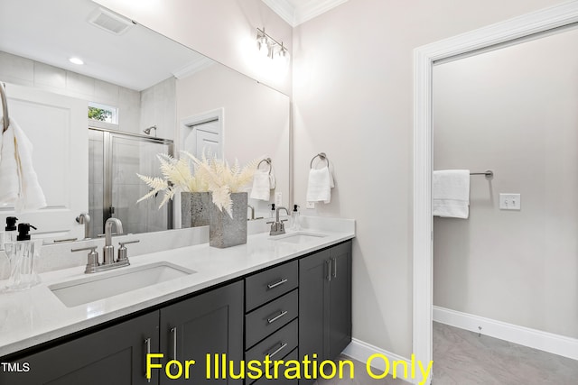 bathroom with vanity, crown molding, and a shower with shower door