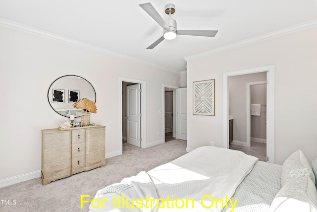 carpeted bedroom with ensuite bath, ornamental molding, and ceiling fan