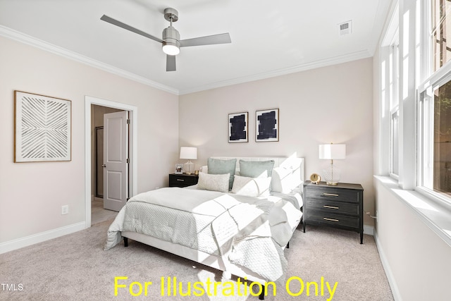 carpeted bedroom with ceiling fan and ornamental molding