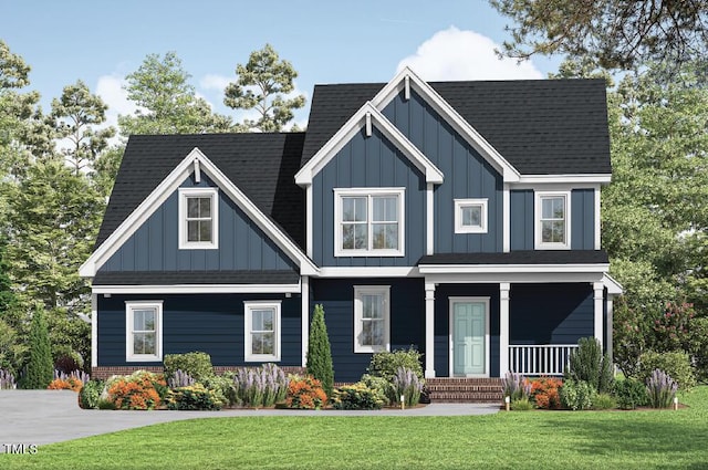 craftsman inspired home featuring a porch and a front lawn