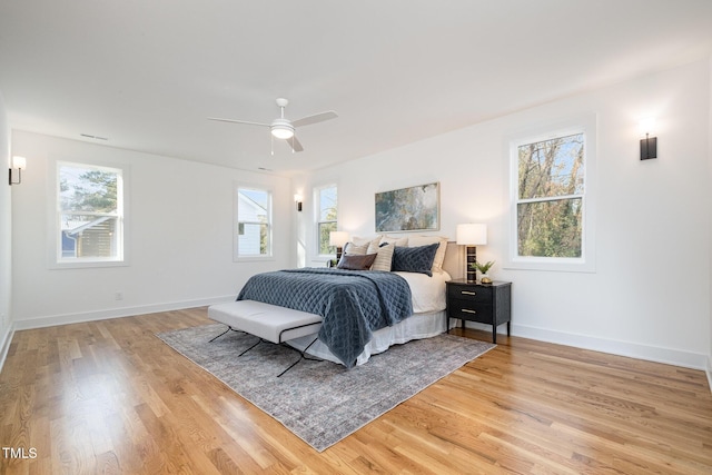 bedroom with ceiling fan and light hardwood / wood-style floors