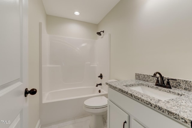 full bathroom featuring tile patterned flooring, vanity, toilet, and washtub / shower combination