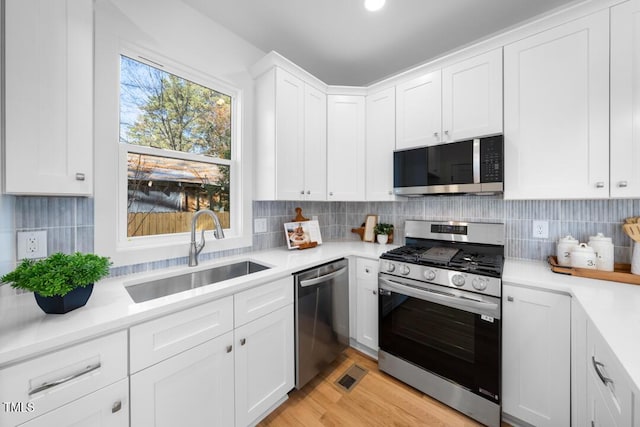 kitchen featuring white cabinets, sink, appliances with stainless steel finishes, tasteful backsplash, and light hardwood / wood-style floors