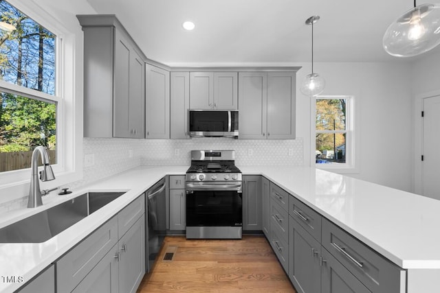 kitchen featuring appliances with stainless steel finishes, decorative light fixtures, a wealth of natural light, and sink