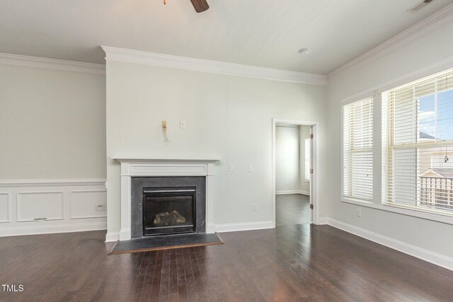 unfurnished living room with a fireplace with flush hearth, wood finished floors, visible vents, and ornamental molding