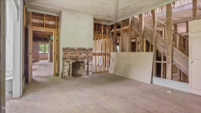 misc room with a brick fireplace