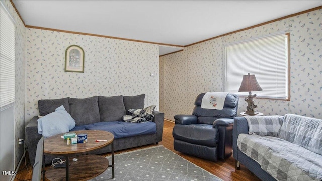 living room featuring crown molding and dark wood-type flooring