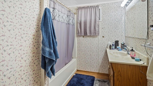 bathroom with vanity and shower / bath combo with shower curtain