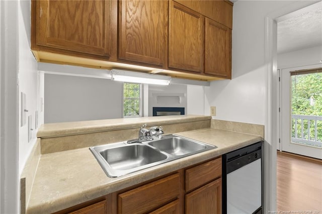 kitchen featuring white dishwasher, light wood-type flooring, and sink