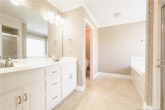 full bathroom featuring plus walk in shower, toilet, vanity, and ornamental molding