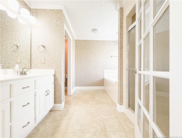 full bathroom featuring ornamental molding, vanity, separate shower and tub, tile patterned flooring, and toilet