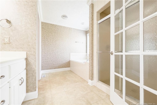 bathroom featuring vanity and separate shower and tub