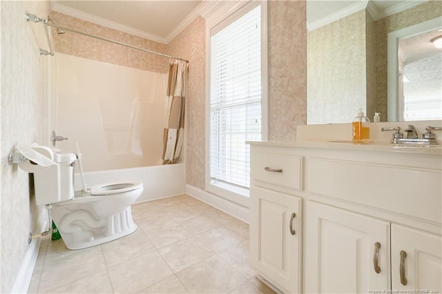 full bathroom with tile patterned floors, vanity, shower / bath combo with shower curtain, crown molding, and toilet