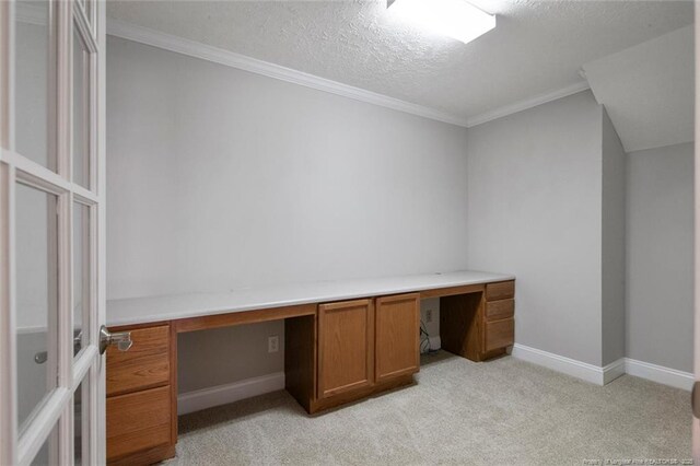 4419 Cameron Rd, Hope Mills, NC 28348 - unfurnished office featuring built in study area, light carpet, a textured ceiling, and ornamental molding