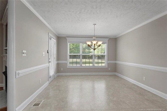 4419 Cameron Rd, Hope Mills, NC 28348 - unfurnished dining area with a chandelier, a textured ceiling, and crown molding