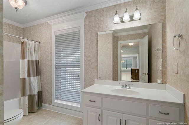 4419 Cameron Rd, Hope Mills, NC 28348 - bathroom with crown molding, vanity, tile patterned flooring, curtained shower, and wallpapered walls