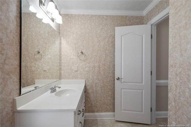 4419 Cameron Rd, Hope Mills, NC 28348 - bathroom featuring crown molding, vanity, tile patterned floors, and wallpapered walls