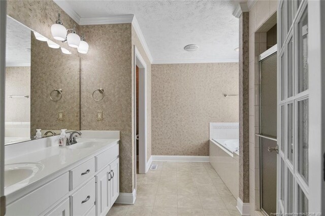 4419 Cameron Rd, Hope Mills, NC 28348 - bathroom with wallpapered walls, crown molding, double vanity, a bath, and an enclosed shower