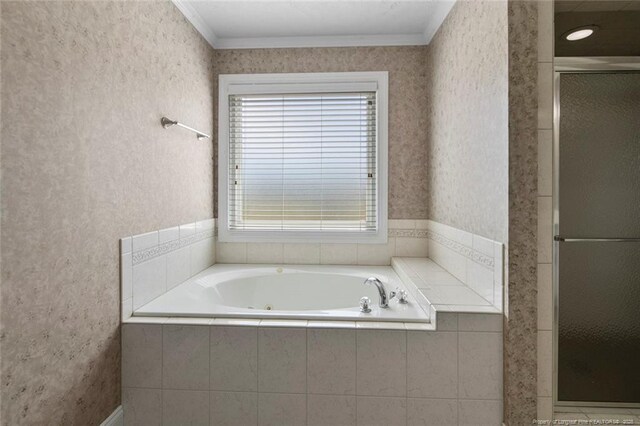 4419 Cameron Rd, Hope Mills, NC 28348 - full bathroom with a stall shower, a jetted tub, ornamental molding, and wallpapered walls