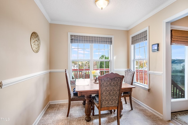 dining room with a textured ceiling and ornamental molding