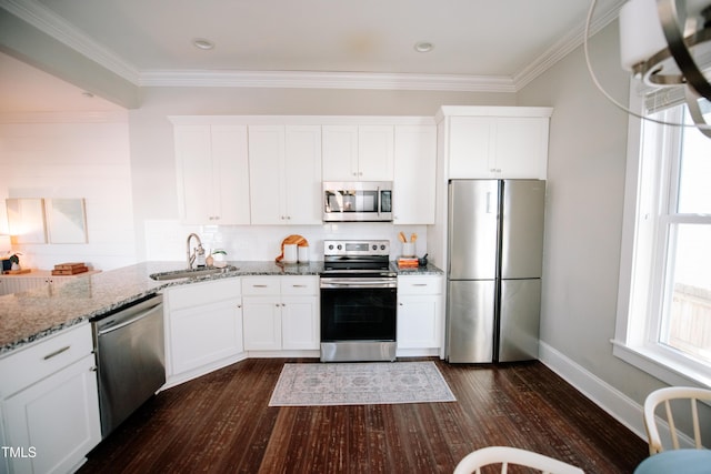 kitchen with white cabinets, dark hardwood / wood-style flooring, stainless steel appliances, and sink