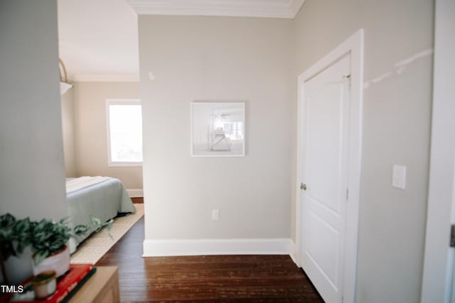 bedroom with crown molding and dark wood-type flooring