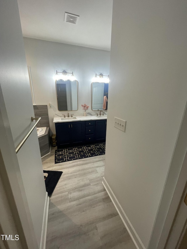 bathroom with hardwood / wood-style floors and vanity