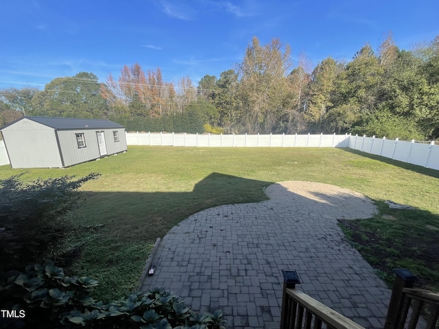 view of yard with a patio and a shed