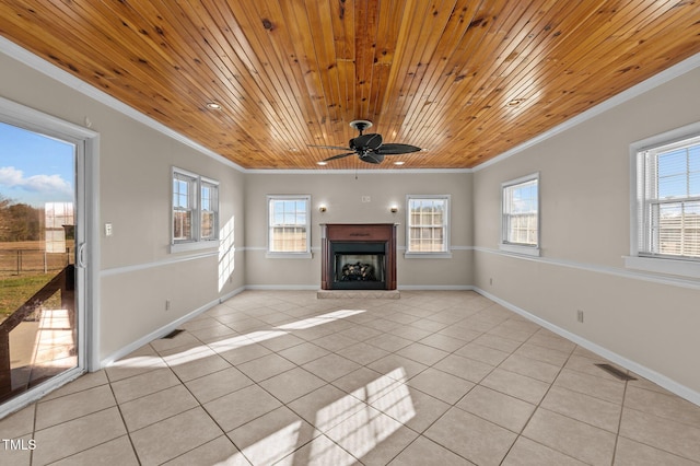 unfurnished living room with crown molding, ceiling fan, wooden ceiling, and light tile patterned flooring