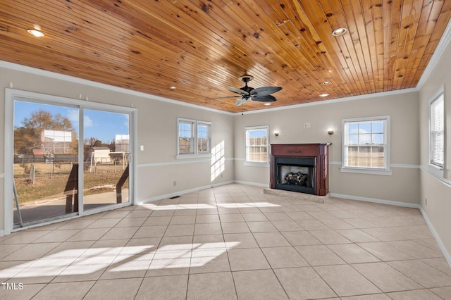 unfurnished living room featuring ceiling fan, light tile patterned floors, wood ceiling, and ornamental molding