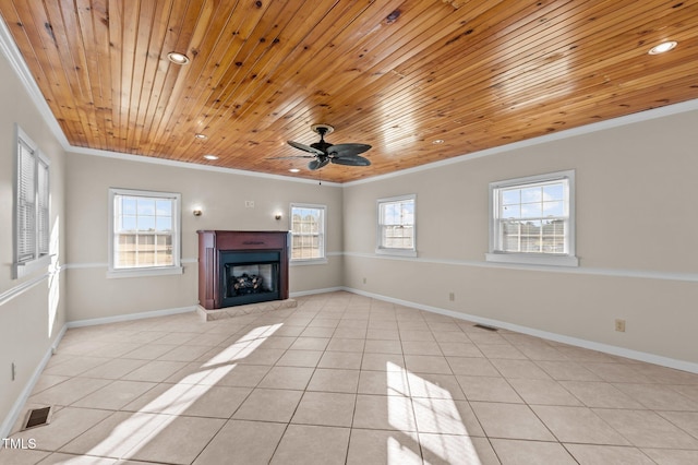 unfurnished living room with crown molding, light tile patterned floors, and wood ceiling