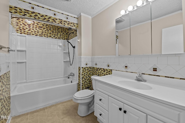 full bathroom featuring washtub / shower combination, tile patterned flooring, toilet, ornamental molding, and a textured ceiling