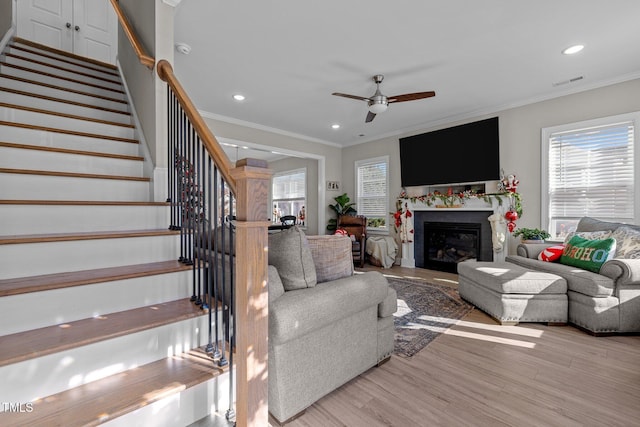 living room with ceiling fan, crown molding, and light hardwood / wood-style flooring