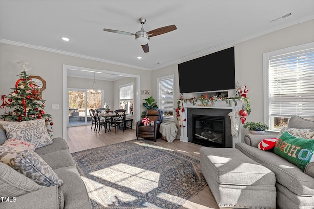 living room with ceiling fan, wood-type flooring, and crown molding