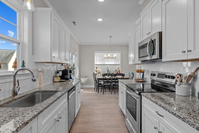 kitchen featuring a wealth of natural light, sink, white cabinets, and appliances with stainless steel finishes