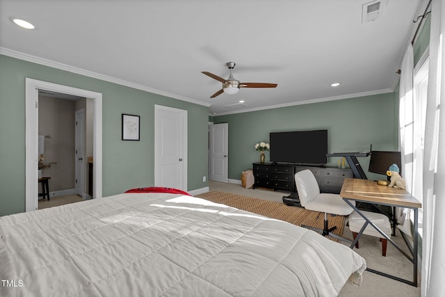 bedroom featuring ceiling fan, ornamental molding, and light carpet