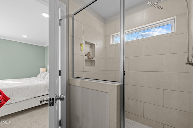 bathroom featuring walk in shower and crown molding