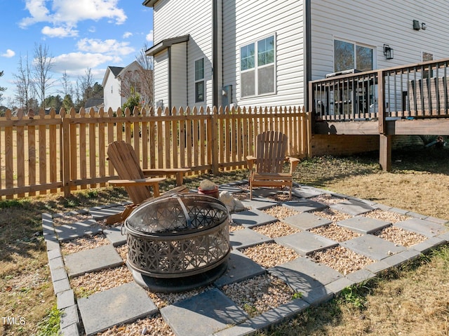 view of patio / terrace with a fire pit and a deck