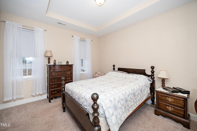 bedroom featuring a tray ceiling and light colored carpet