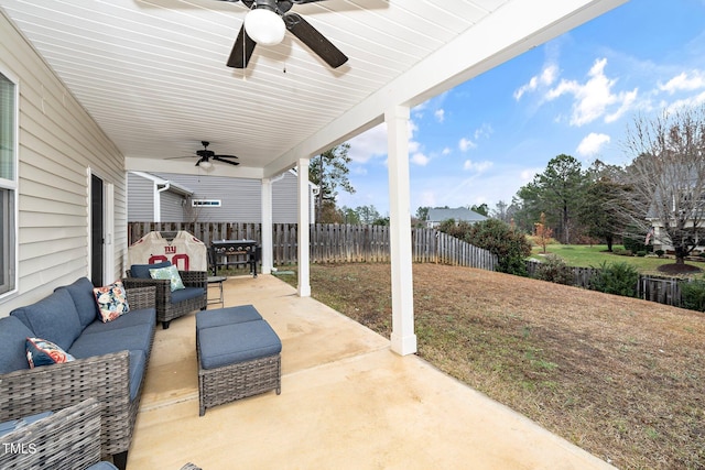 view of patio / terrace featuring an outdoor living space and ceiling fan